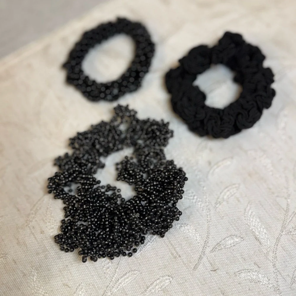 LELET NY Designer Hair Set: 3pc Black Beaded & Hand-Knotted‎ Luxury Scrunchies